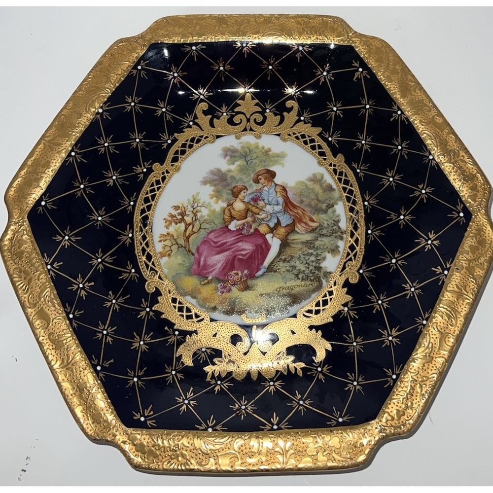 Limoges Hand Painted Blue/Gold Plates 18th Century Lovers Scene.(5/#0)